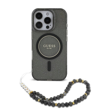 Apple iPhone 16 Pro Case Guess Original Licensed M-safe Charging Feature Glittery Silicone Pearl Bracelet Cover Transparent