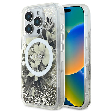 Apple iPhone 16 Pro Case Guess Original Licensed M-safe Charging Liquid Glitter Flower Patterned Cover Green