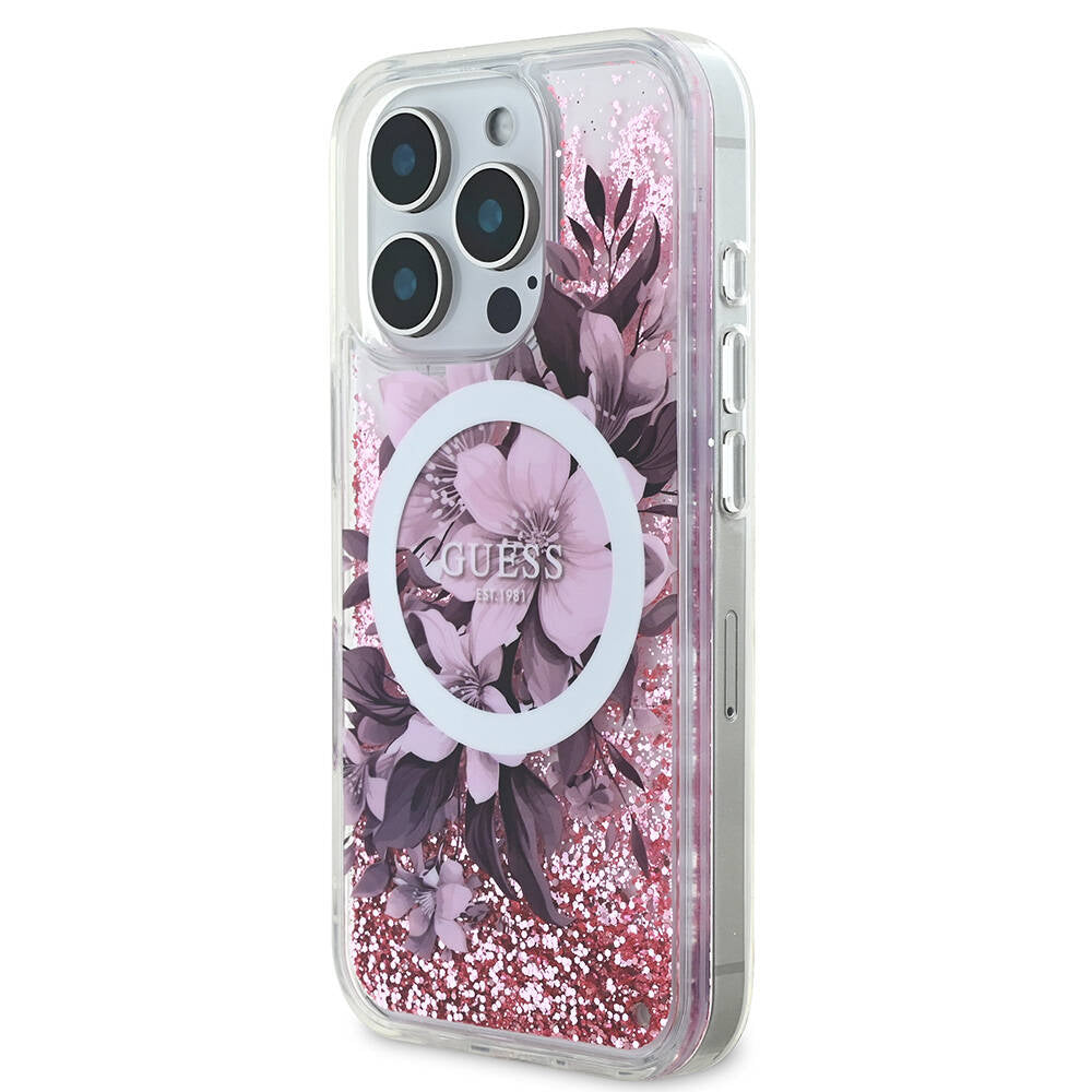 Apple iPhone 16 Pro Case Guess Original Licensed M-safe Charging Feature Liquid Glitter Flower Patterned Cover Pink