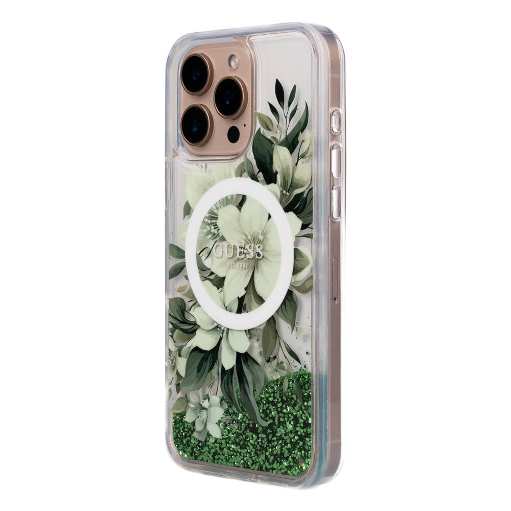 Apple iPhone 16 Pro Case Guess Original Licensed M-safe Charging Feature Liquid Glitter Flower Patterned Cover Pink