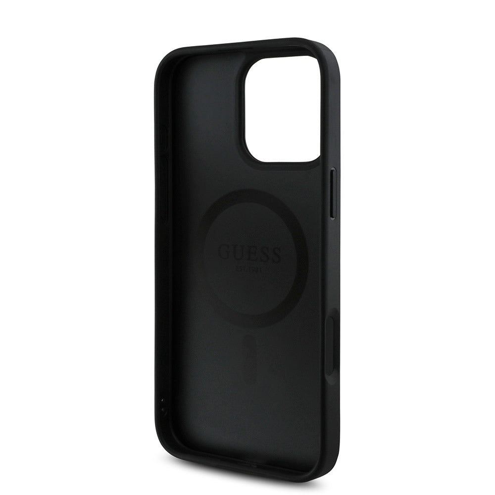 Apple iPhone 16 Pro Case Guess Original Licensed M-safe Charging Feature Small 4G Classic Cover Black