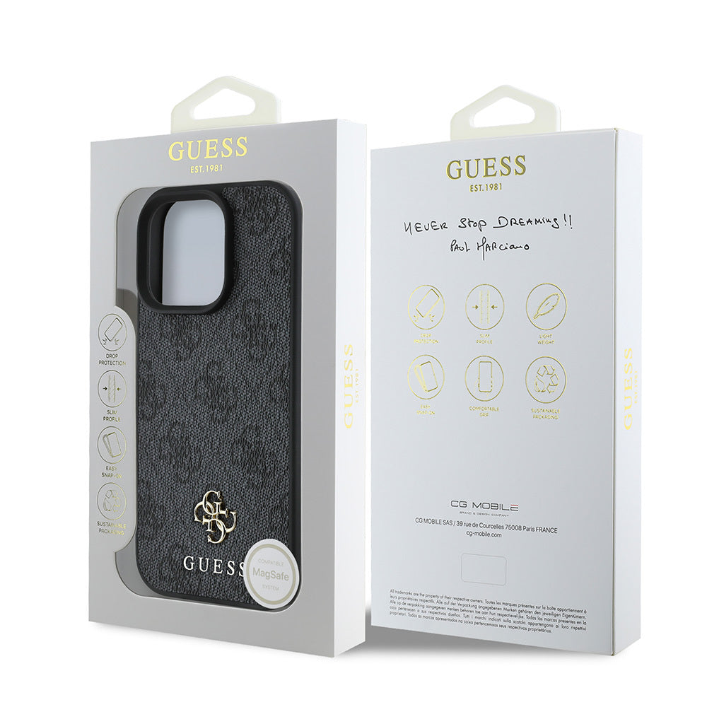 Apple iPhone 16 Pro Case Guess Original Licensed M-safe Charging Feature Small 4G Classic Cover Black