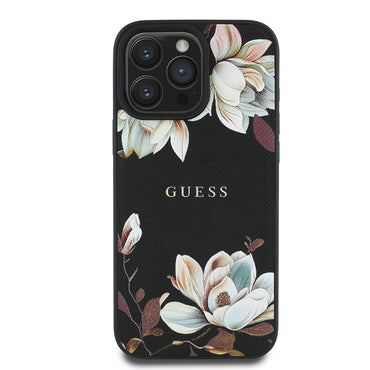 Apple iPhone 16 Pro Case Guess Original Licensed M-safe Charging Feature Grained Flower Design Metal Lettering Logo Cover Pink