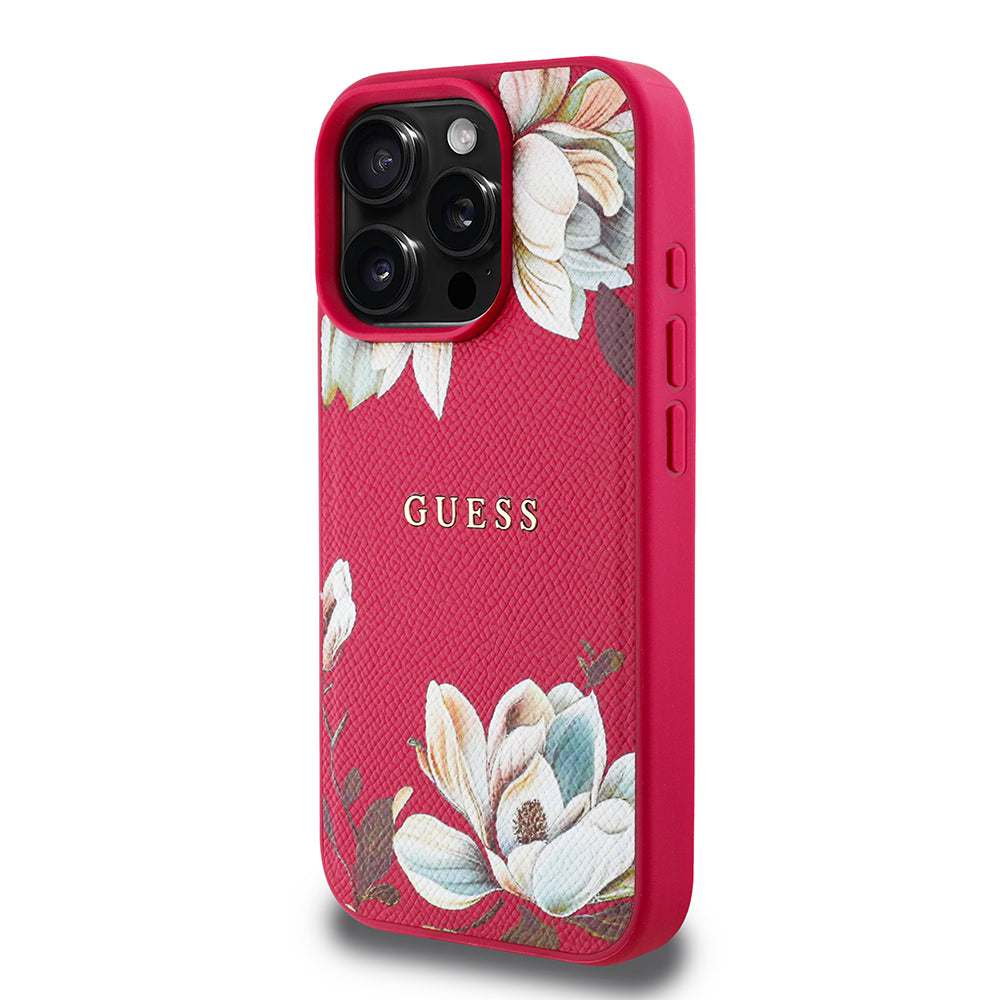 Apple iPhone 16 Pro Case Guess Original Licensed M-safe Charging Feature Grained Flower Design Metal Lettering Logo Cover Pink