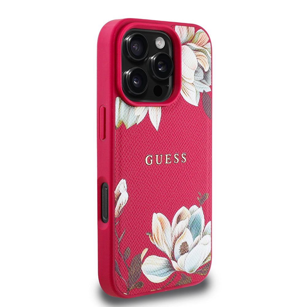 Apple iPhone 16 Pro Case Guess Original Licensed M-safe Charging Feature Grained Flower Design Metal Lettering Logo Cover Pink
