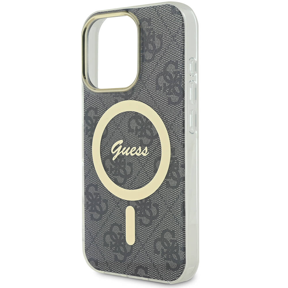 Apple iPhone 16 Pro Case Guess Original Licensed M-safe Charging Feature 4G Patterned Cover with Text Logo Brown