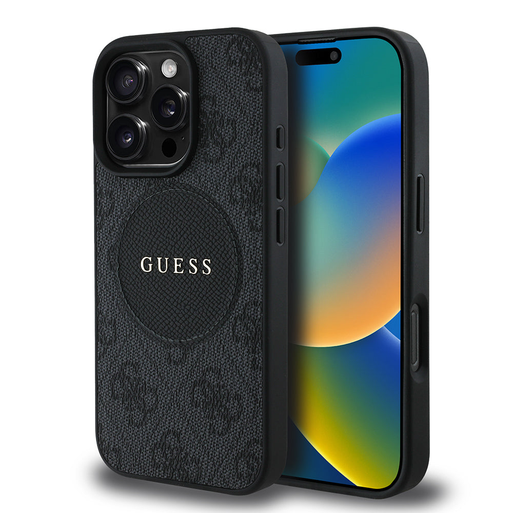Apple iPhone 16 Pro Kılıf Guess Orjinal Lisanslı M-safe Şarj Özellikli Yazı Logolu Circle Classic Kapak Siyah