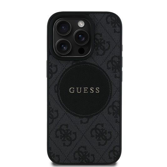 Apple iPhone 16 Pro Case Guess Original Licensed M-safe Charging Feature Circle Classic Cover with Text Logo Black