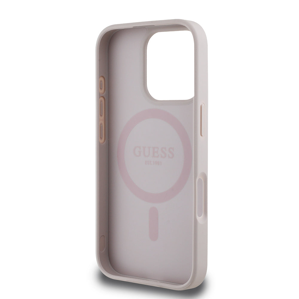 Apple iPhone 16 Pro Case Guess Original Licensed M-safe Charging Feature Circle Classic Cover Brown with Text Logo