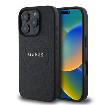 Apple iPhone 16 Pro Case Guess Original Licensed M-Safe Charging Feature Grained Cover Green with Text Logo