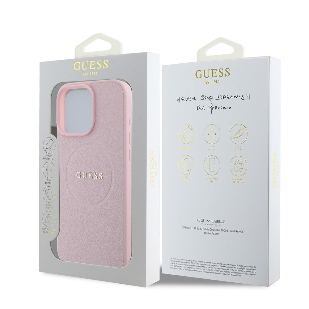 Apple iPhone 16 Pro Case Guess Original Licensed M-safe Charging Feature Grained Cover Pink with Text Logo