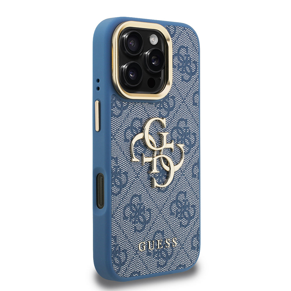 Apple iPhone 16 Pro Kılıf Guess Orjinal Lisanslı PU Deri 4G Desenli Metal Büyük 4G ve Yazı Logolu Kamera Standlı Kapak Kahverengi