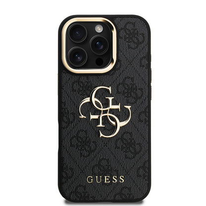 Apple iPhone 16 Pro Kılıf Guess Orjinal Lisanslı PU Deri 4G Desenli Metal Büyük 4G ve Yazı Logolu Kamera Standlı Kapak Siyah