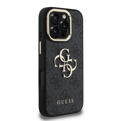 Apple iPhone 16 Pro Kılıf Guess Orjinal Lisanslı PU Deri 4G Desenli Metal Büyük 4G ve Yazı Logolu Kamera Standlı Kapak Pembe
