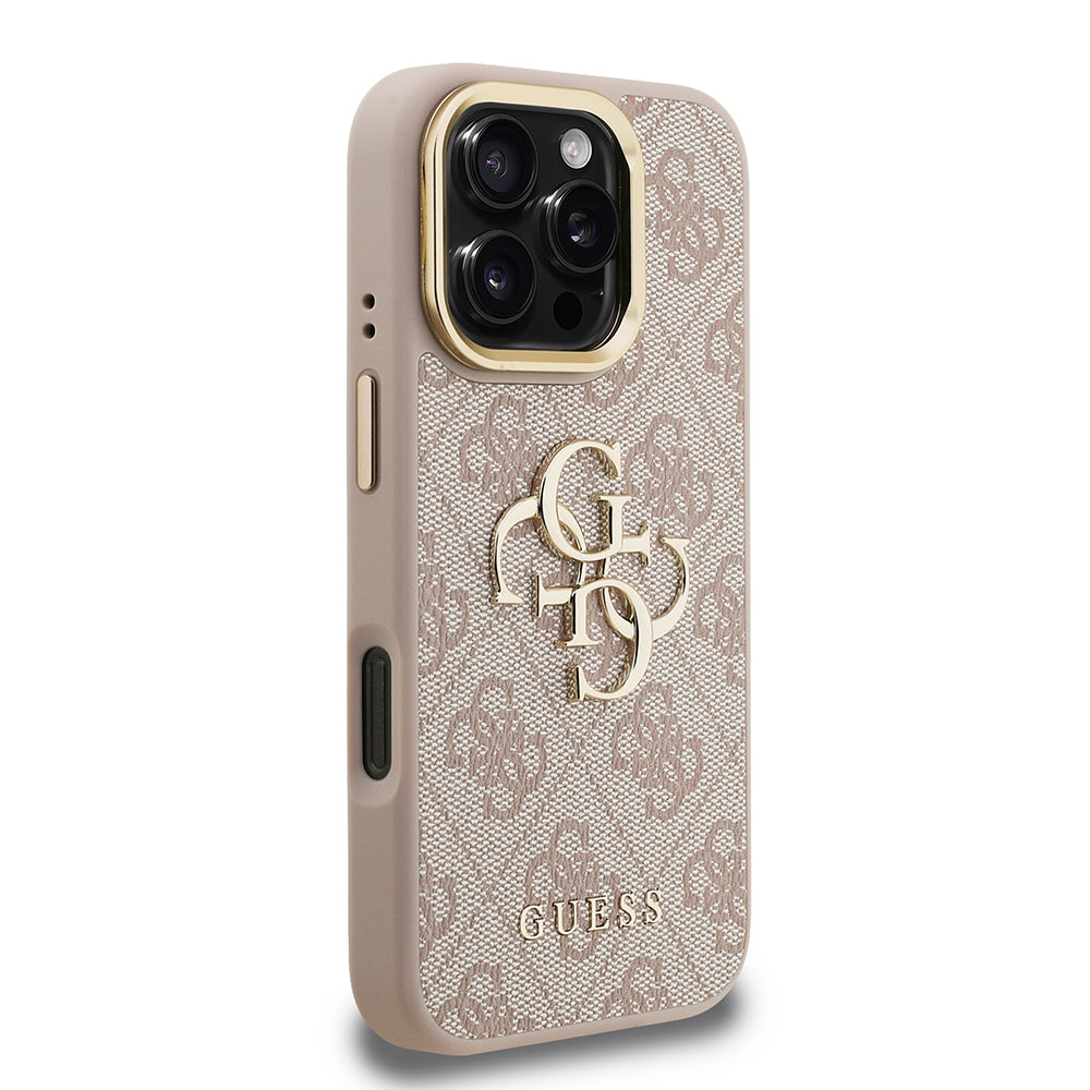Apple iPhone 16 Pro Kılıf Guess Orjinal Lisanslı PU Deri 4G Desenli Metal Büyük 4G ve Yazı Logolu Kamera Standlı Kapak Kahverengi