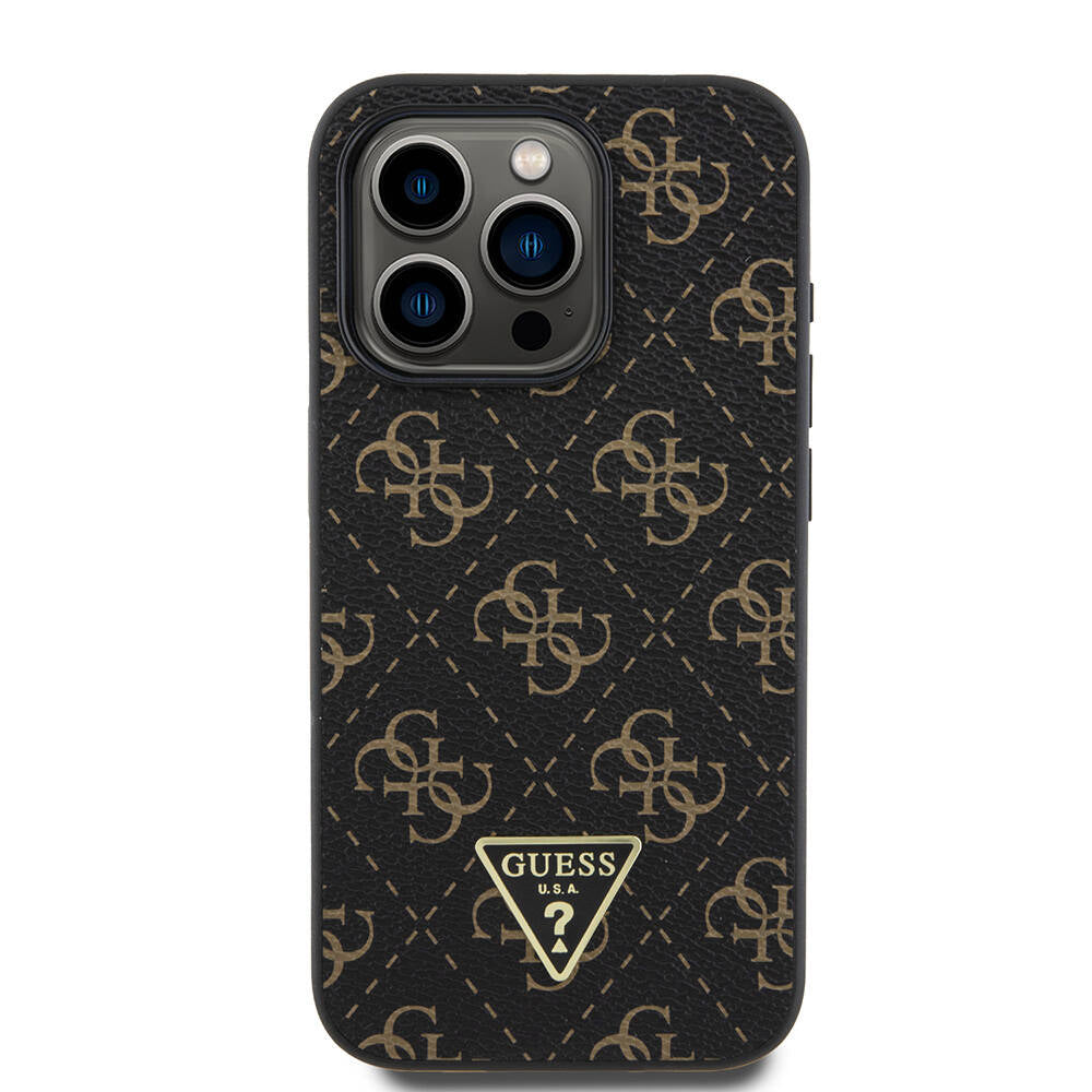 Apple iPhone 16 Pro Case Guess Original Licensed PU Leather 4G Patterned Triangle Logo Cover Black