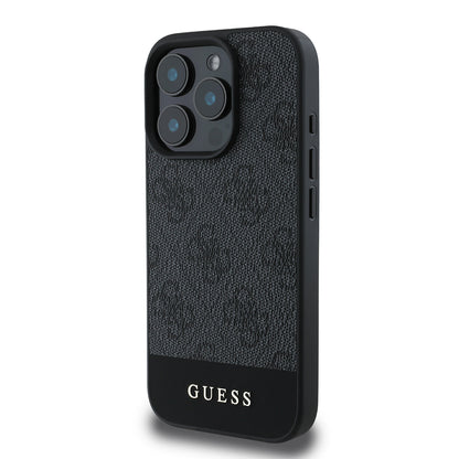 Apple iPhone 16 Pro Kılıf Guess Orjinal Lisanslı PU Deri Şerit Logo Dizaynlı Kapak Gri