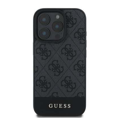 Apple iPhone 16 Pro Kılıf Guess Orjinal Lisanslı PU Deri Şerit Logo Dizaynlı Kapak Gri