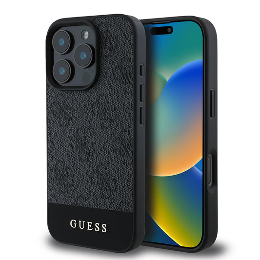 Apple iPhone 16 Pro Kılıf Guess Orjinal Lisanslı PU Deri Şerit Logo Dizaynlı Kapak Gri