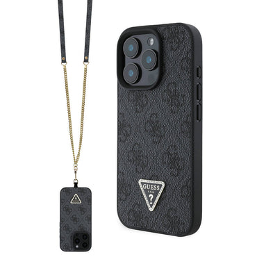 Apple iPhone 16 Pro Case Guess Original Licensed PU Leather Stone Metal Triangle Logo Crossbody Strap 4G Patterned Cover Brown