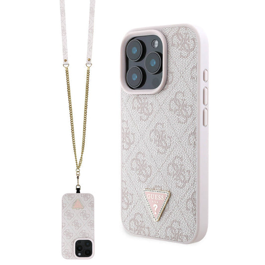 Apple iPhone 16 Pro Case Guess Original Licensed PU Leather Stone Metal Triangle Logo Crossbody Strap 4G Patterned Cover Pink