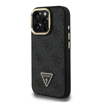 Apple iPhone 16 Pro Kılıf Guess Orjinal Lisanslı PU Deri Taşlı Üçgen Logo 4G Desenli Kamera Standlı Kapak Kahverengi