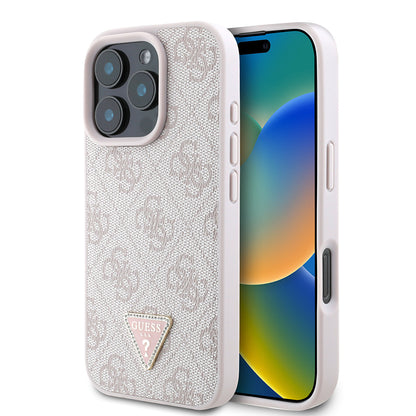 Apple iPhone 16 Pro Kılıf Guess Orjinal Lisanslı PU Deri Taşlı Üçgen Logo 4G Desenli Strass Kapak Siyah
