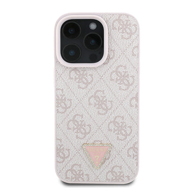 Apple iPhone 16 Pro Case Guess Original Licensed PU Leather Stone Triangle Logo 4G Patterned Strass Cover Pink