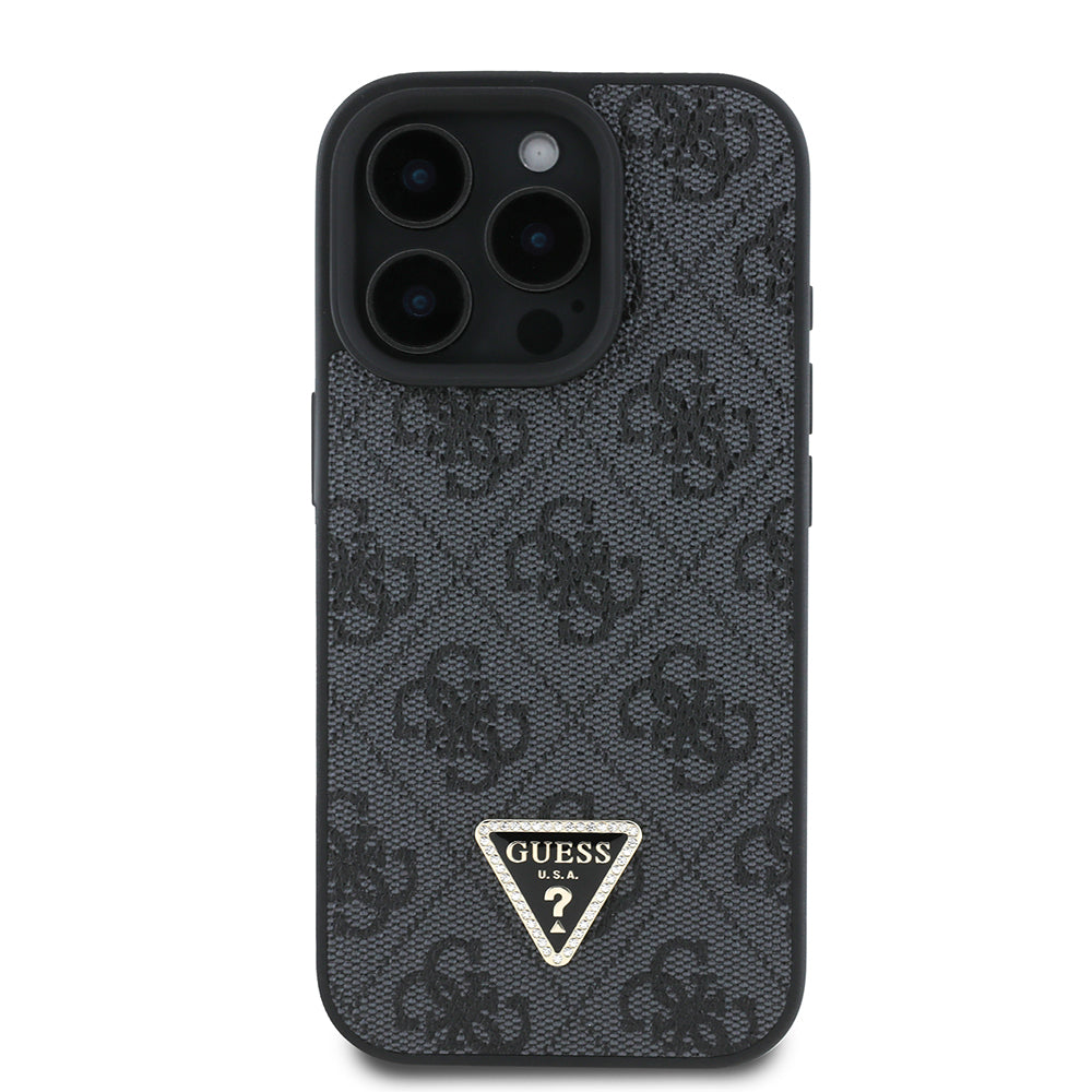Apple iPhone 16 Pro Case Guess Original Licensed PU Leather Stone Triangle Logo 4G Patterned Strass Cover Pink