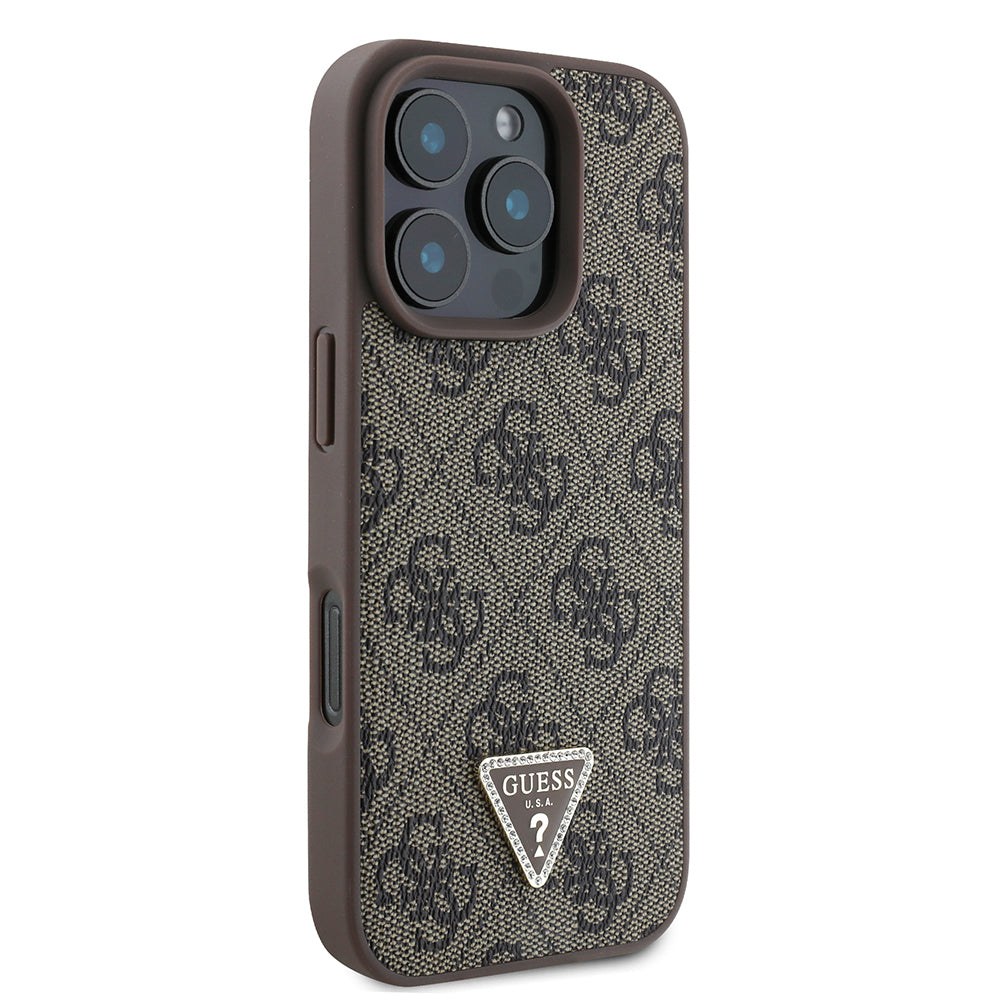 Apple iPhone 16 Pro Case Guess Original Licensed PU Leather Stone Triangle Logo 4G Patterned Strass Cover Pink