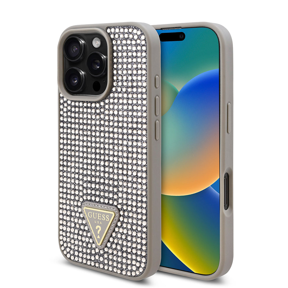 Apple iPhone 16 Pro Case Guess Original Licensed Stone Back Surface Triangle Logo Cover Silver