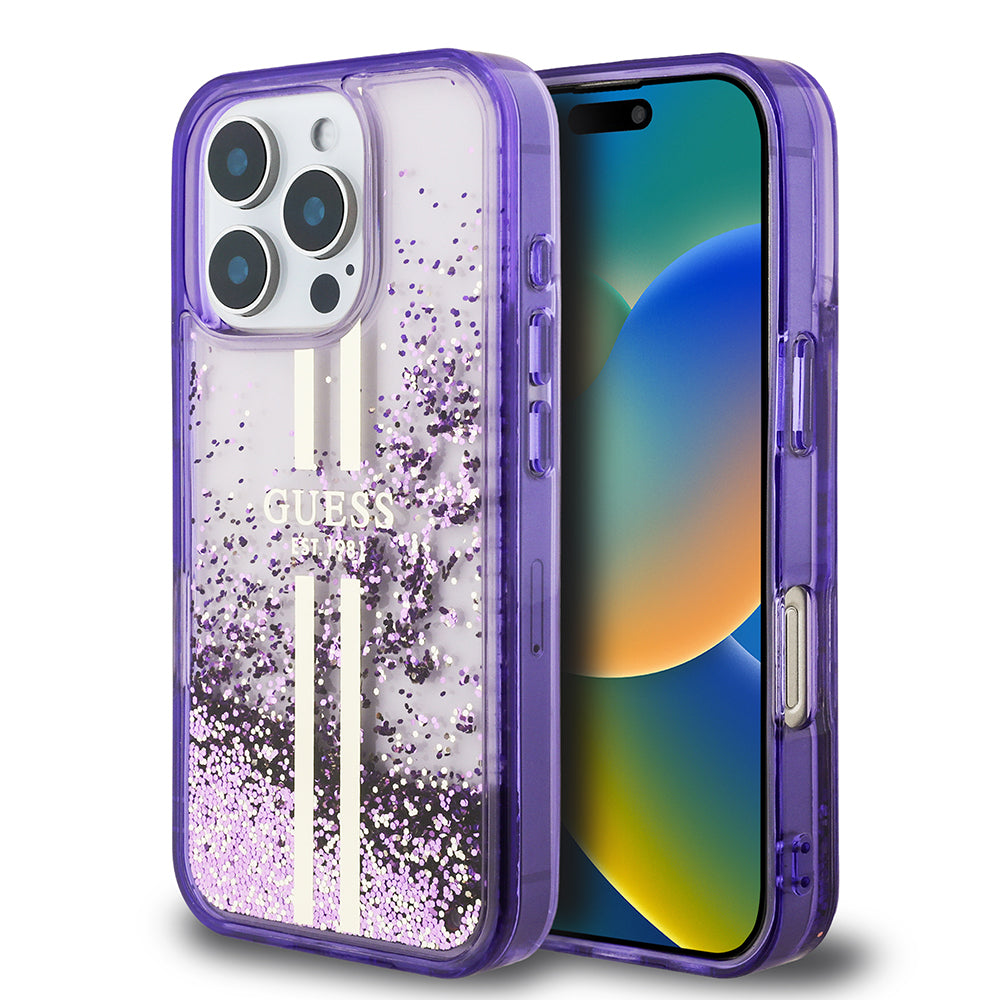 Apple iPhone 16 Pro Kılıf Guess Orjinal Lisanslı Transparan Sıvılı Simli Altın Çizgili Kapak Pembe