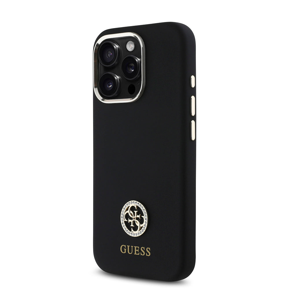 Apple iPhone 16 Pro Kılıf Guess Orjinal Lisanslı Yazı ve Taşlı 4G Logolu Metal Kamera Çerçeveli Silikon Kapak Siyah