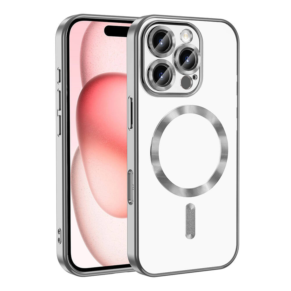 Apple iPhone 16 Pro Case Camera Protection M-Safe Wireless Charging Feature Zore Demre Cover Silver 