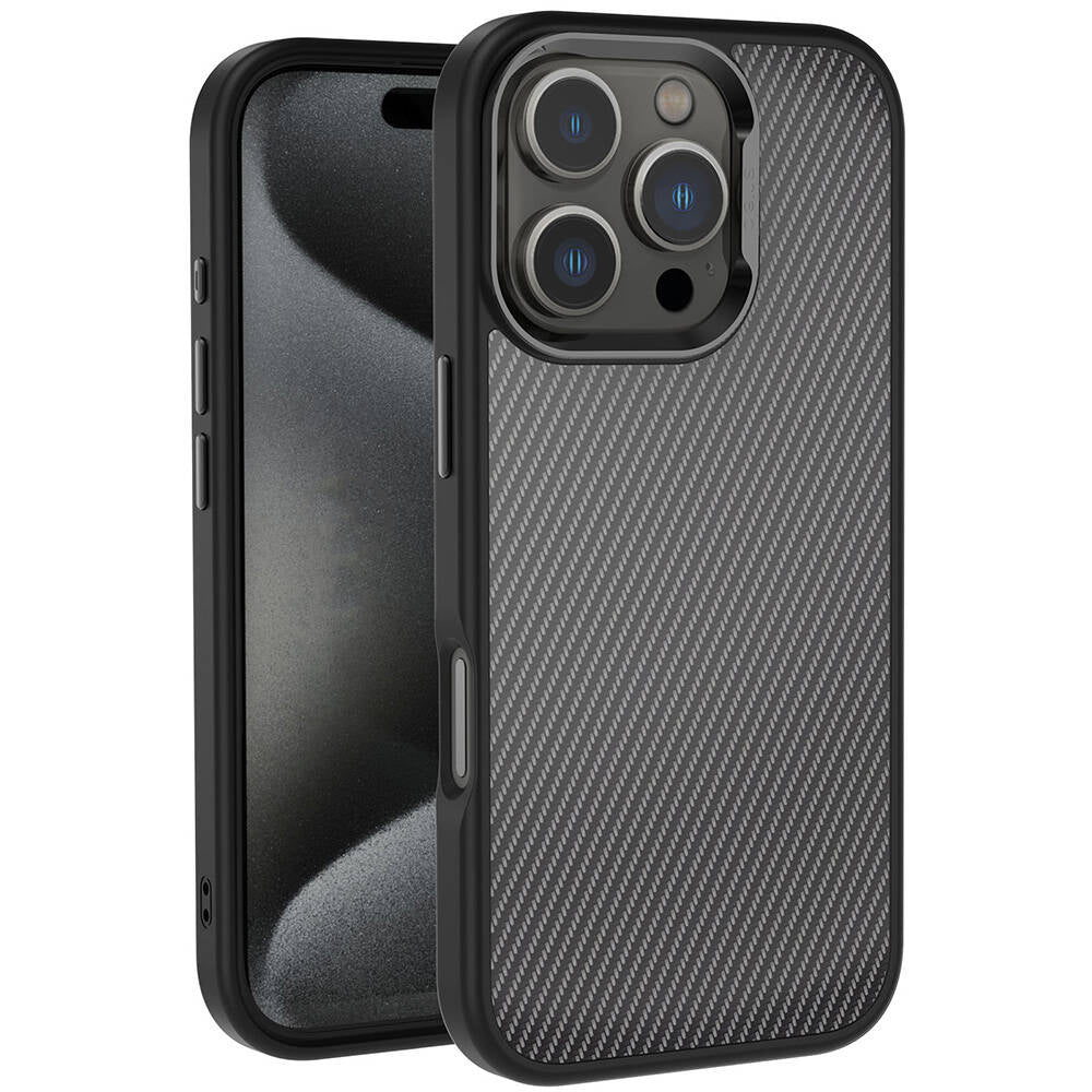 Apple iPhone 16 Pro Case Carbon Fiber Look Shiny Camera Frame Zore Venus Cover Black