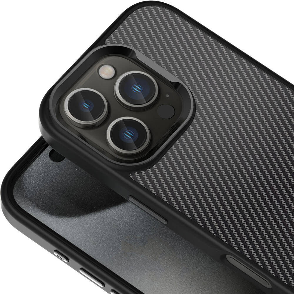 Apple iPhone 16 Pro Case Carbon Fiber Look Shiny Camera Frame Zore Venus Cover Black