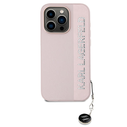 Apple iPhone 16 Pro Kılıf Karl Lagerfeld Orjinal Lisanslı Anahtarlıklı Taşlı KL Yazılı Saffiano Rhinestones Kapak Pembe