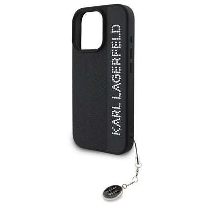 Apple iPhone 16 Pro Kılıf Karl Lagerfeld Orjinal Lisanslı Anahtarlıklı Taşlı KL Yazılı Saffiano Rhinestones Kapak Siyah