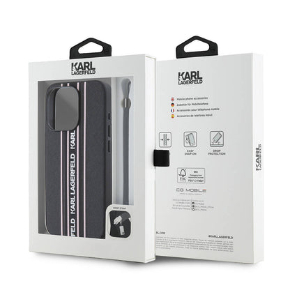Apple iPhone 16 Pro Kılıf Karl Lagerfeld Orjinal Lisanslı Askılı Saffiano Athleisure Şerit Çizgili Kapak Siyah-Pembe