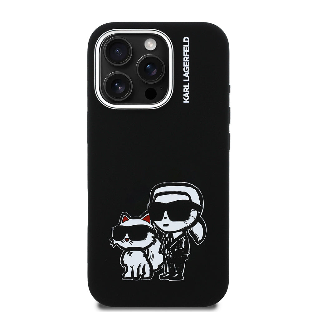 Apple iPhone 16 Pro Kılıf Karl Lagerfeld Orjinal Lisanslı Karl & Choupette Sketch Logo Sililkon Kapak Siyah
