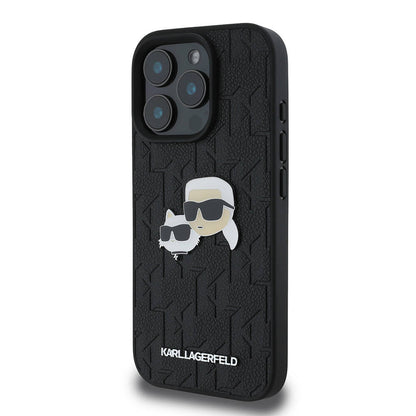 Apple iPhone 16 Pro Kılıf Karl Lagerfeld Orjinal Lisanslı K&C Heads Monogram Pin Kapak Siyah