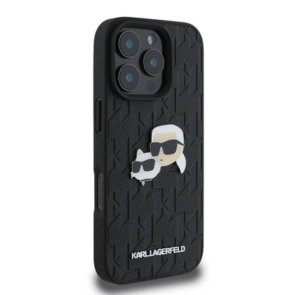 Apple iPhone 16 Pro Kılıf Karl Lagerfeld Orjinal Lisanslı K&C Heads Monogram Pin Kapak Siyah