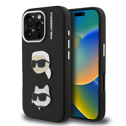 Apple iPhone 16 Pro Kılıf Karl Lagerfeld Orjinal Lisanslı K&C Heads Pin Kapak Siyah