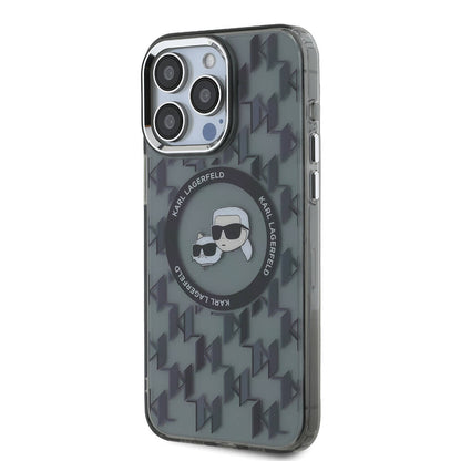 Apple iPhone 16 Pro Kılıf Karl Lagerfeld Orjinal Lisanslı M-safe Şarj Özellikli IML Baskılı Metal Monogram KC Heads Kapak Siyah