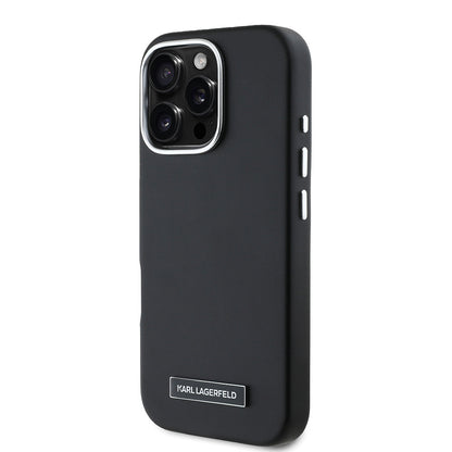 Apple iPhone 16 Pro Kılıf Karl Lagerfeld Orjinal Lisanslı M-safe Şarj Özellikli Metal Kamera ve Buton Tasarımlı Plaka Logolu PU Deri Kapak Siyah