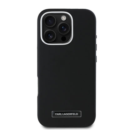 Apple iPhone 16 Pro Kılıf Karl Lagerfeld Orjinal Lisanslı M-safe Şarj Özellikli Metal Kamera ve Buton Tasarımlı Plaka Logolu PU Deri Kapak Siyah