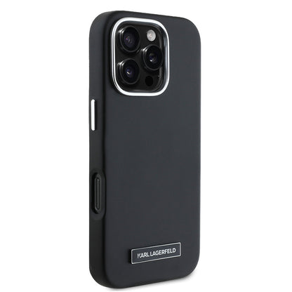 Apple iPhone 16 Pro Kılıf Karl Lagerfeld Orjinal Lisanslı M-safe Şarj Özellikli Metal Kamera ve Buton Tasarımlı Plaka Logolu PU Deri Kapak Siyah