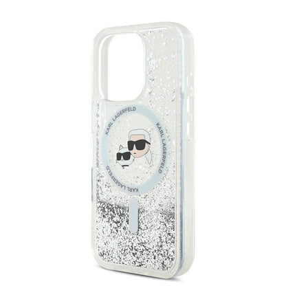 Apple iPhone 16 Pro Kılıf Karl Lagerfeld Orjinal Lisanslı M-safe Şarj Özellikli Sıvılı Simli KC Heads Kapak Şeffaf