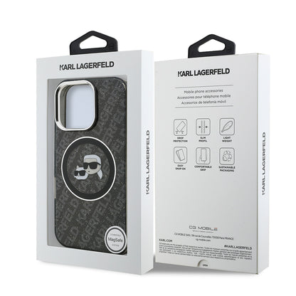 Apple iPhone 16 Pro Kılıf Karl Lagerfeld Orjinal Lisanslı Parlayan Simli Karl & Choupette Heads Kapak Siyah