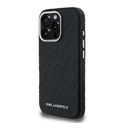 Apple iPhone 16 Pro Kılıf Karl Lagerfeld Orjinal Lisanslı PU Deri Damgalı Metal Yazı Logolu Kapak Siyah